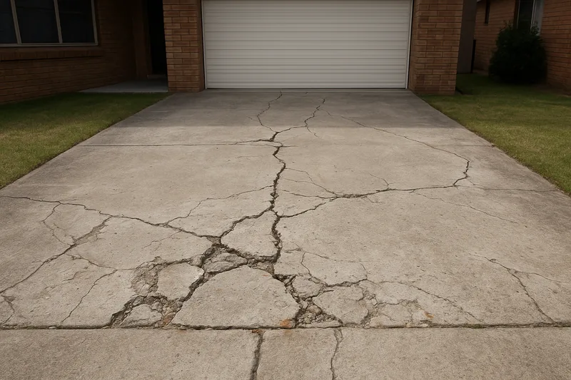 A concrete driveway in front of a brick house with a closed garage door, covered in a network of cracks with small broken patches — house concrete cancer repair, Melbourne. Illustrative example.