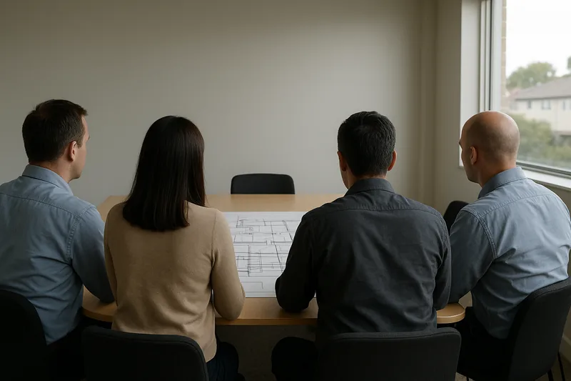 Four adults seen from behind around a meeting-room table looking at an unrolled floor plan drawn in fine lines — owners corporation concrete repairs, Melbourne. Illustrative example.