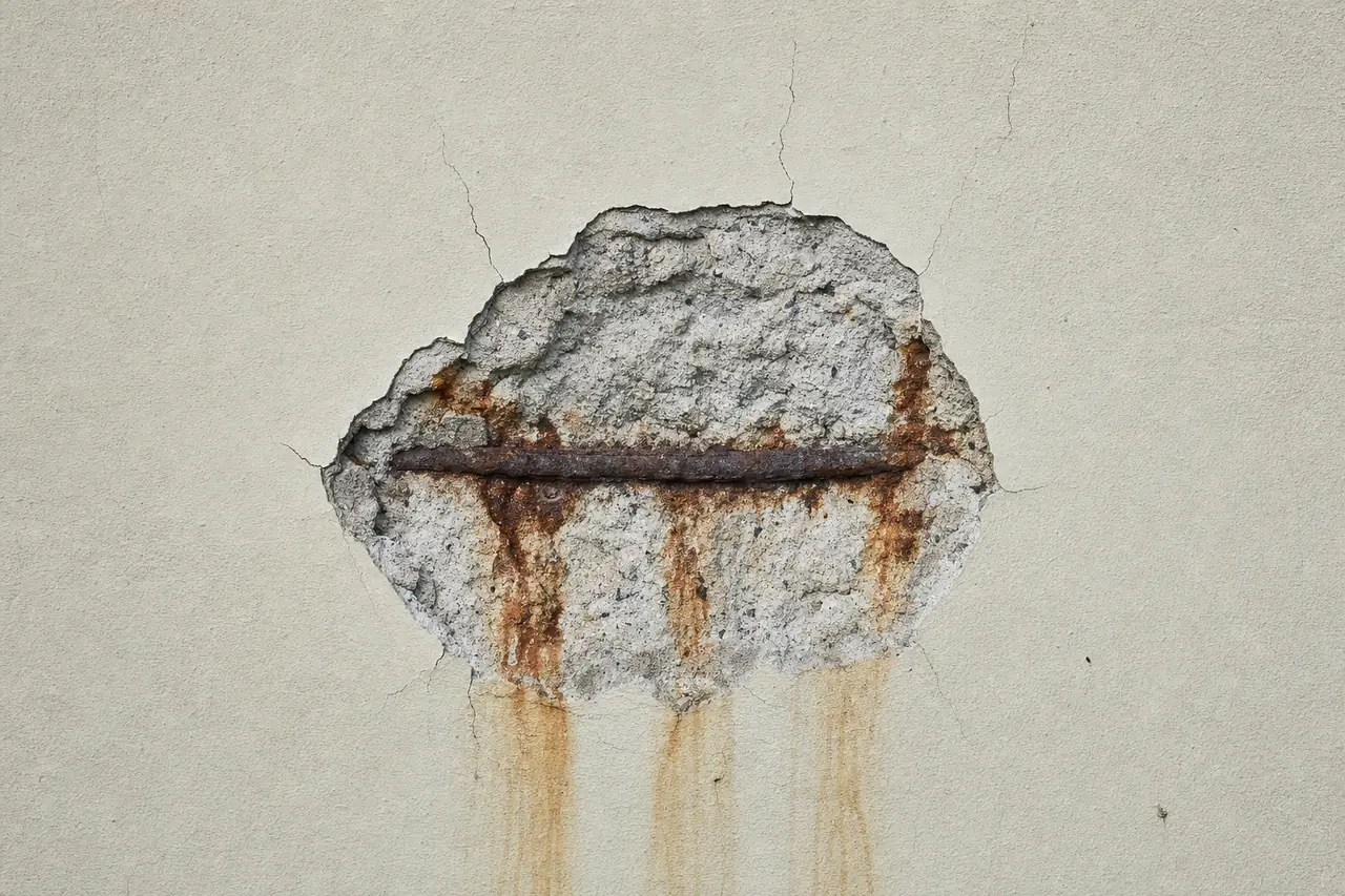 A close view of a rendered concrete wall where a patch has fallen away to show grey concrete and a rust-streaked reinforcing bar, with rust running down the pale paint below it — concrete cancer repair, Melbourne. Illustrative example.