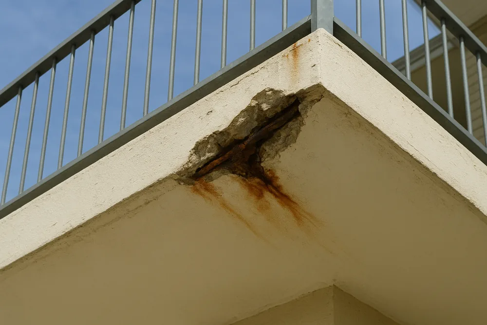 The underside corner of an apartment balcony slab seen from below, with a corner of the concrete broken away, a rusted bar exposed and rust streaks running down the cream soffit — balcony concrete cancer repair, Melbourne. Illustrative example.