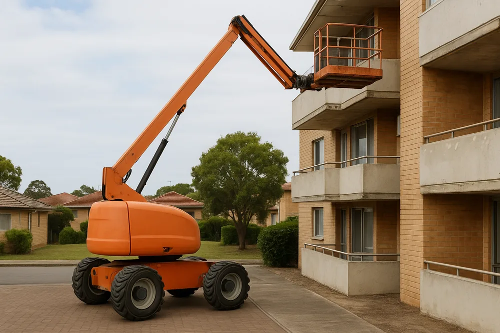 A boom-type work platform with its boom raised beside the balconies of a brick apartment block and its basket empty — balcony concrete cancer repair, Melbourne. Illustrative example.