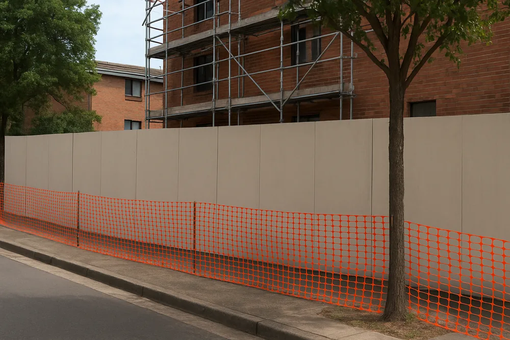 A tall plain hoarding with orange mesh safety fencing along a footpath in front of a red-brick apartment building with scaffold on it — balcony concrete cancer repair, Melbourne. Illustrative example.