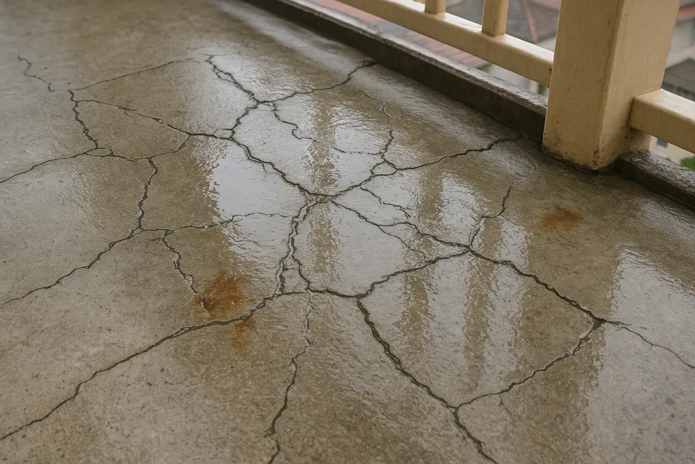 Rainwater lying in a network of cracks on a concrete balcony floor, with two rust-coloured stains beside the cracks — concrete cancer signs and causes, Melbourne. Illustrative example.