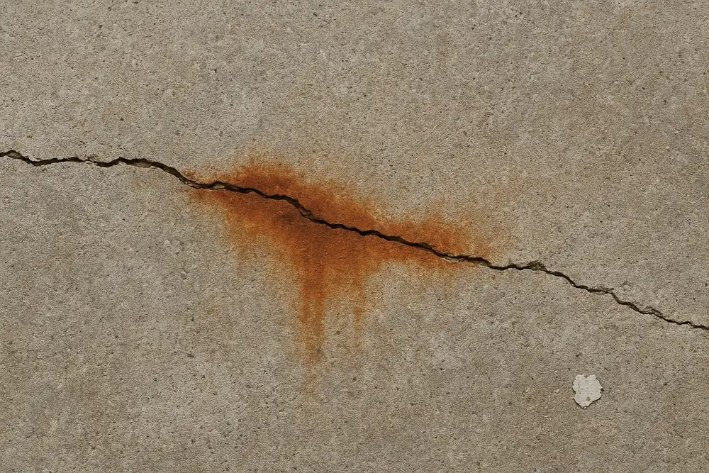 A hairline crack running across a grey concrete surface with a rust-coloured stain bleeding out along it — concrete cancer signs and causes, Melbourne. Illustrative example.