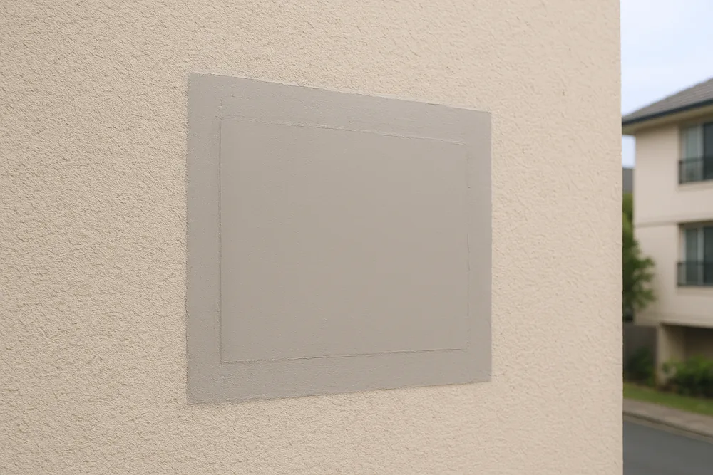 A rectangular patch of smooth grey render set into a textured cream wall, with a faint outline inside it and no cracks — concrete cancer repair, Melbourne. Illustrative example.