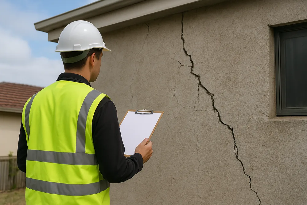 A person in a hi-vis vest and hard hat seen from behind, holding a clipboard with a blank sheet and looking at a cracked rendered wall — concrete cancer inspection, Melbourne. Illustrative example.