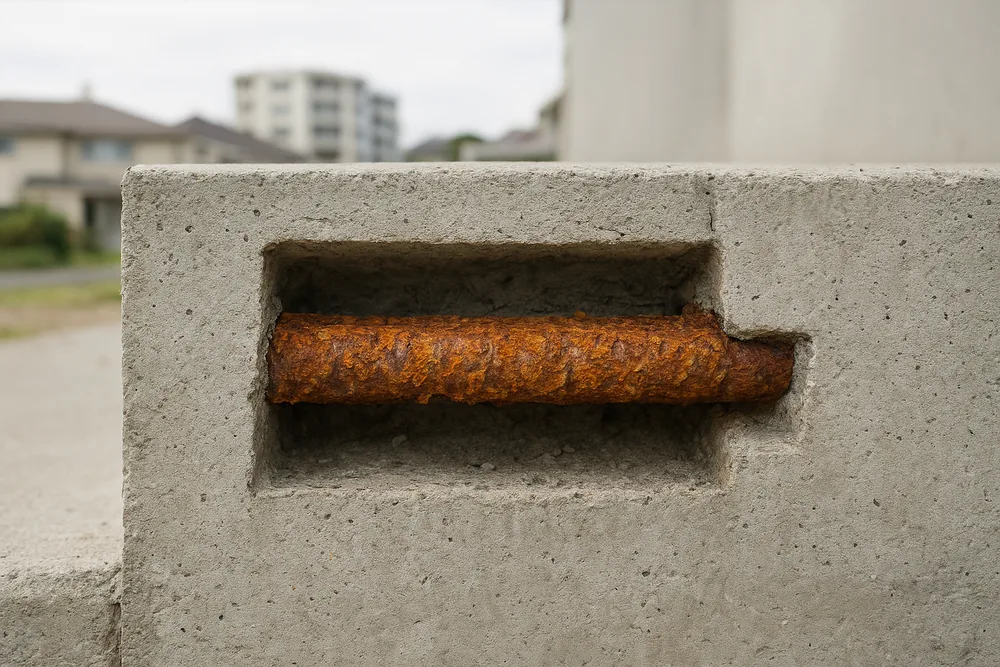 A rectangular recess cut back into a concrete slab edge to expose one corroded reinforcing bar with flaky orange rust — concrete cancer repair, Melbourne. Illustrative example.