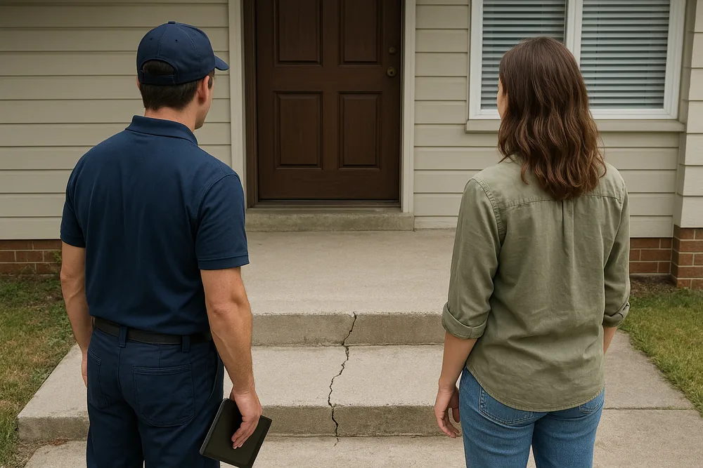 Two people seen from behind in front of a house door, one holding a tablet at their side, both looking at a cracked concrete step — house concrete cancer repair, Melbourne. Illustrative example.