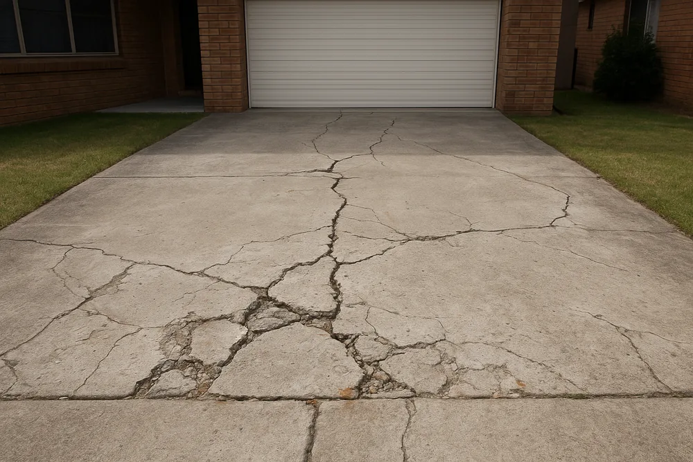 A concrete driveway in front of a brick house with a closed garage door, covered in a network of cracks with small broken patches — house concrete cancer repair, Melbourne. Illustrative example.