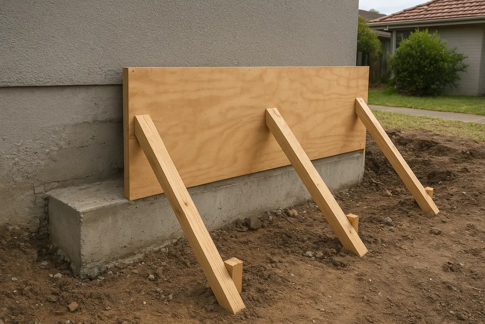 A sheet of plywood braced by three angled timber stakes against a concrete footing at the base of a rendered house wall — house concrete cancer repair, Melbourne. Illustrative example.