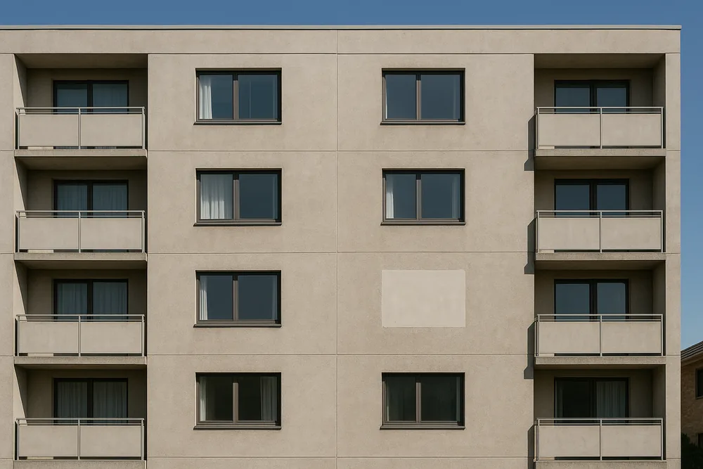 A mid-rise apartment building facade with a grid of windows and balconies and one paler rectangular patch on the wall — owners corporation concrete repairs, Melbourne. Illustrative example.